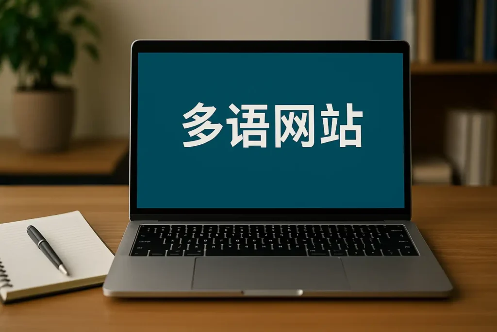 多语网站展示页面：笔记本电脑屏幕上显示中文界面与其他语言选项，表现企业在打造多语网站时的真实使用场景。