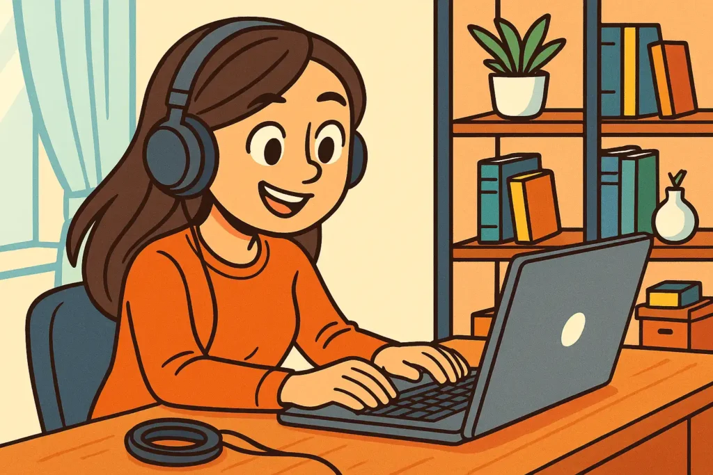 一幅卡通风格的流程插图，展示听译服务的四大步骤：听写、翻译、配音与字幕制作。画面中一位女性译员正在电脑前工作，旁边出现象征语音、文本、录音与字幕的图标，并带有 az-loc 品牌标识，体现专业听译流程的完整性与质量控制。