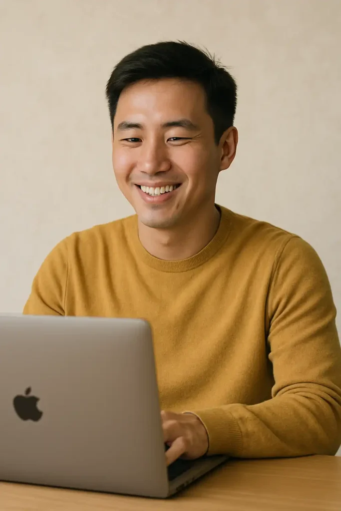 年轻的亚洲男性在电脑前微笑，正在撰写或优化外贸开发信，表现出对邮件效果满意的状态。