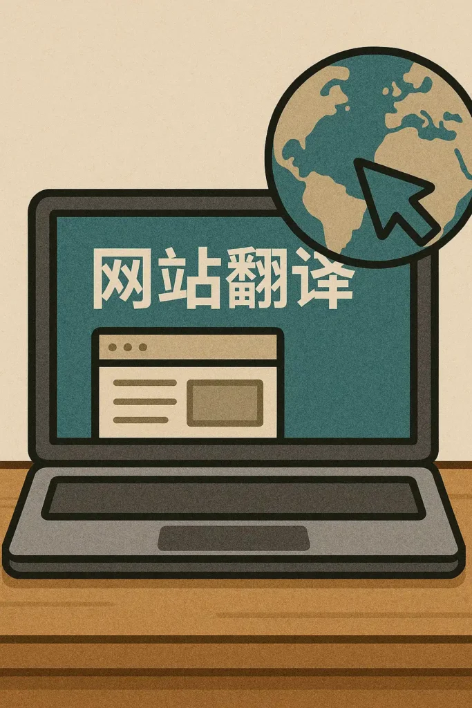 插画风格的笔记本电脑屏幕显示‘网站翻译’，配有网页与地球图标，象征企业进行多语言网站翻译与全球化本地化服务