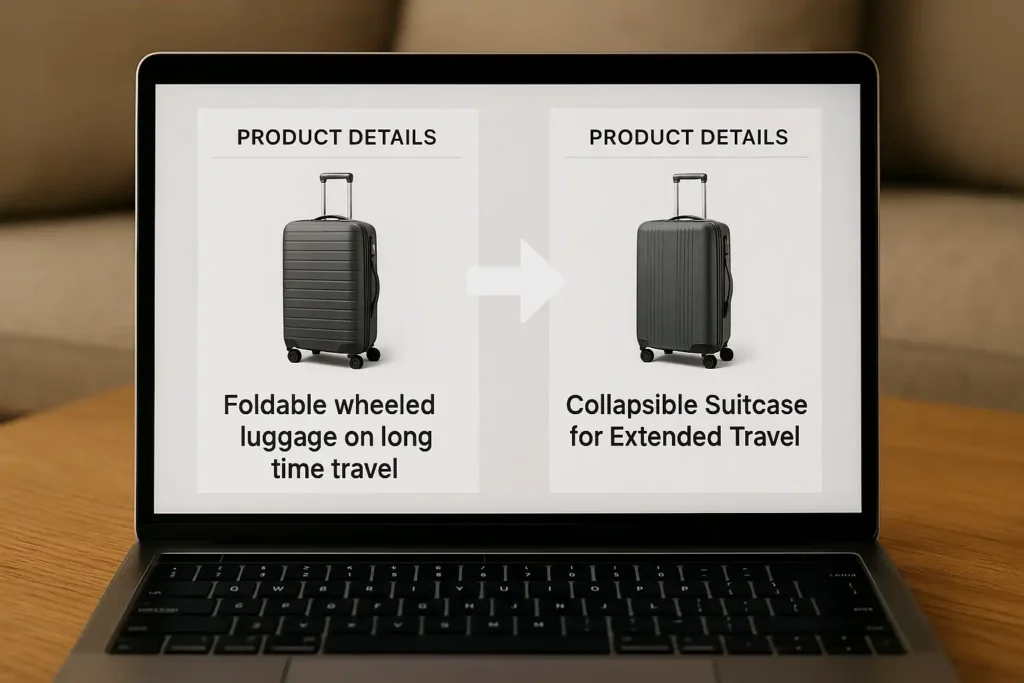 展示外贸产品页面翻译前后对比的写实图片：左侧为生硬直译的英文产品详情，右侧为地道流畅的本地化英文，体现外贸翻译质量提升后对买家信任度的影响