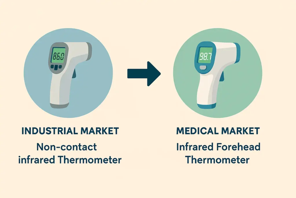 两种不同市场的测温仪图标对比图：左侧为工业用非接触式红外测温仪图标，右侧为欧美医疗市场常用的额温枪图标，用于说明医疗器械翻译中直译与标准术语的差异