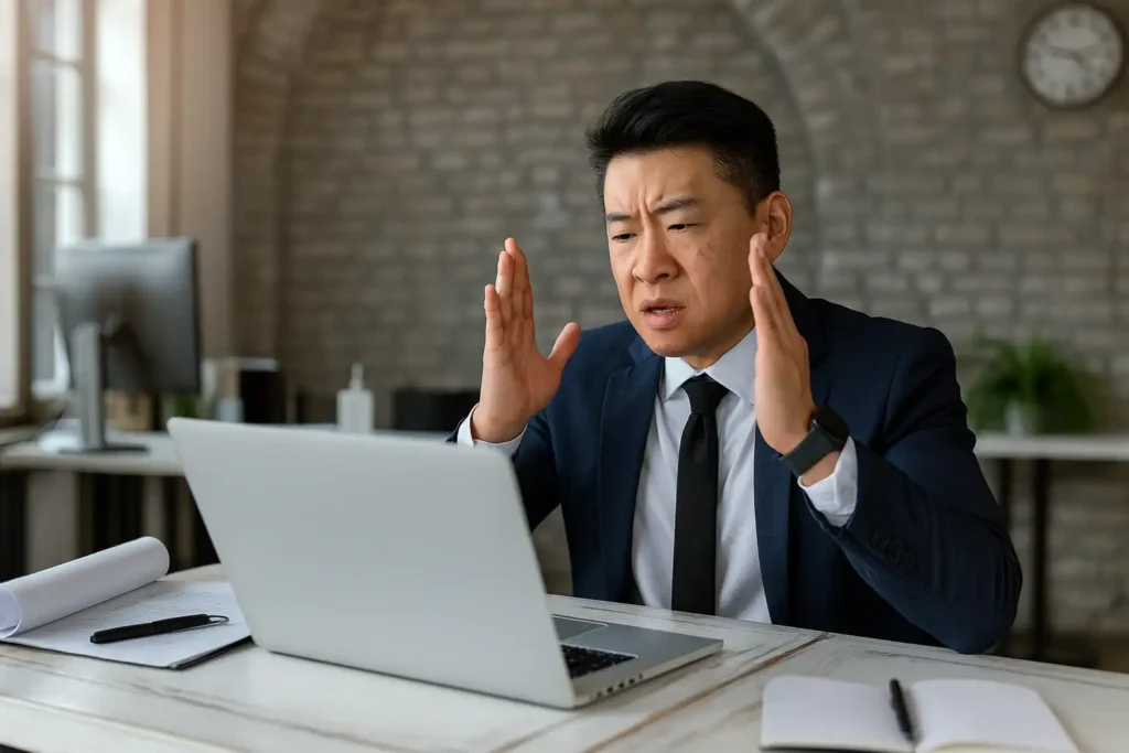 一位亚洲商务人士在办公室盯着笔记本电脑皱眉并举手表示困惑，显得因合同或邮件中的翻译错误而非常紧张，用于说明外贸翻译失误可能导致业务风险。