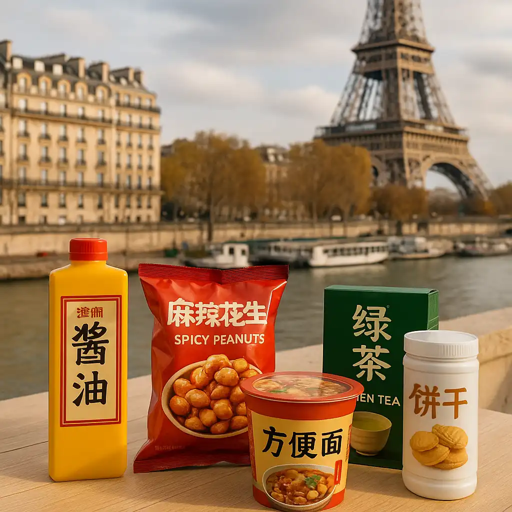 一张写实风格的照片,展示一款中国食品产品在欧洲超市货架上的陈列场景,包装上带有中文标签,旁边是欧洲本地品牌商品,体现中国商品进入欧洲市场的真实应用场景。