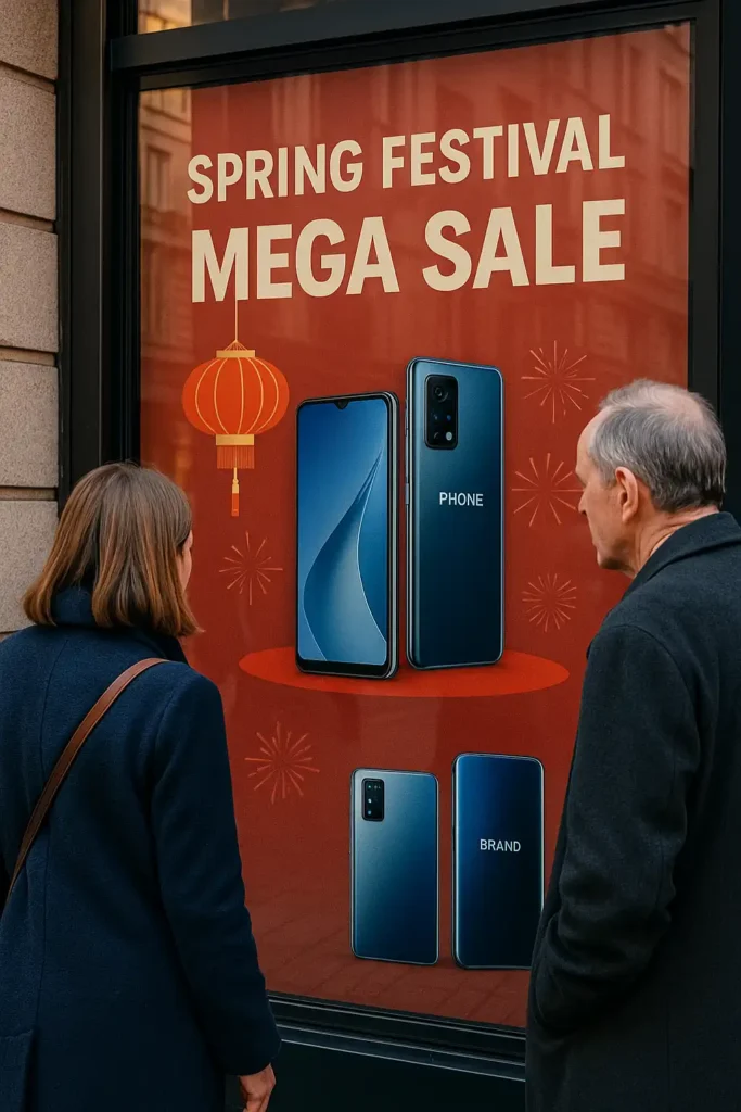 欧洲街头，两位当地消费者困惑地看着一家中国手机品牌的橱窗广告，上面宣传‘春节大促’，与当地文化完全脱节，象征中国品牌在海外因忽略本地节日与文化而导致的营销失败。