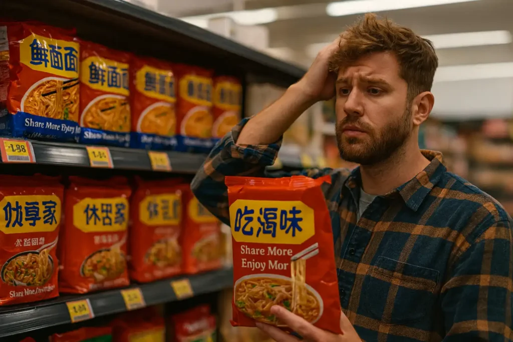 一位外国男性顾客站在超市货架前，手里拿着一包中文包装的方便面，因包装上不自然的英文翻译而露出困惑表情，体现低质量翻译给品牌在海外带来的理解障碍。