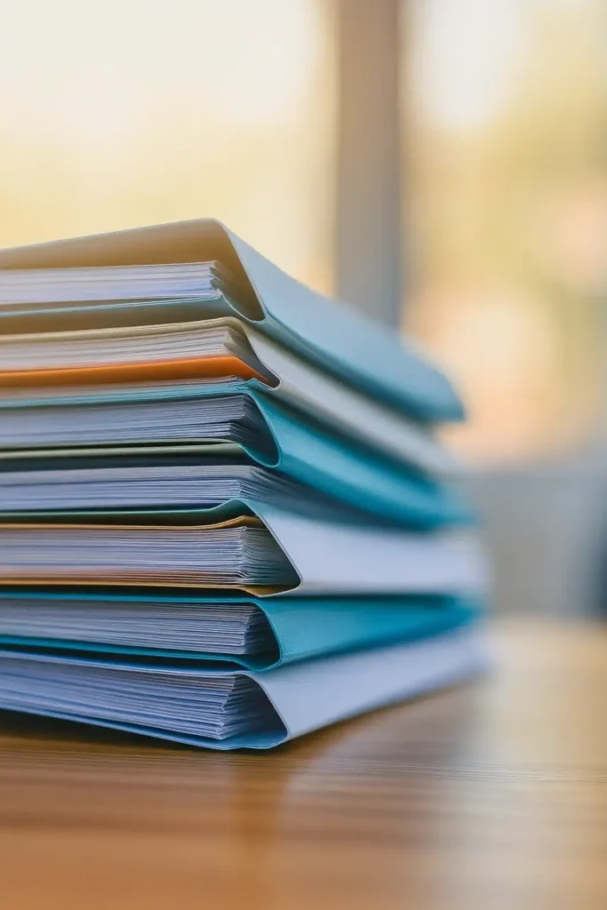 整齐堆放在办公桌上的多份文件夹和资料，呈现有条理的移民材料准备场景，柔和自然光从侧面照射，象征澳洲移民文件审核所需的完整性与规范性。