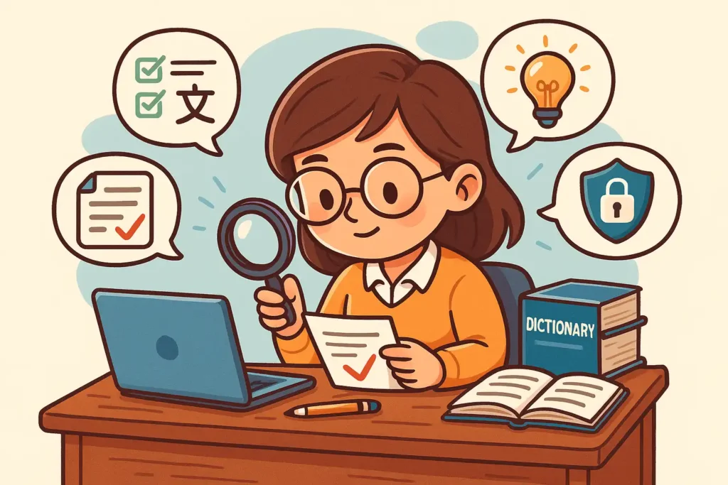一幅可爱卡通插画,描绘一位 优秀的译员 坐在桌前认真工作:她仔细检查译文、比对术语、查阅资料,桌上有词典、文件和电脑,整体风格明亮温暖,用来表现译员的细致谨慎、谦虚好学、责任心强与解决问题能力。