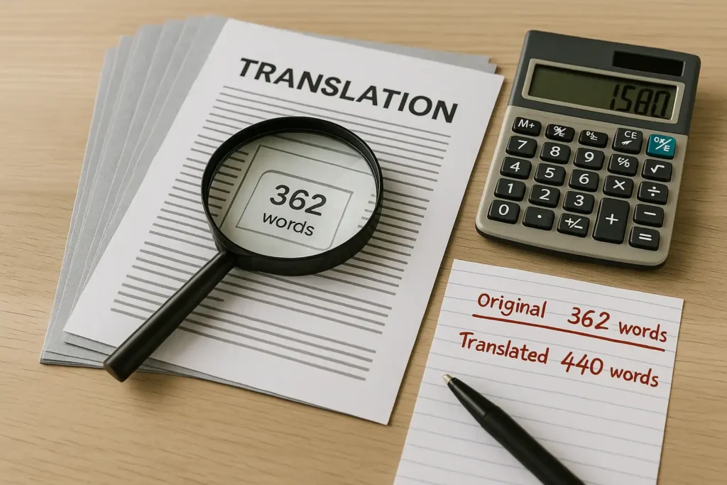 一张桌面特写照片，展示一堆翻译文件、放大镜、计算器和记录原文字数与译文字数的纸张，象征审查字数计算方式与揭露翻译行业收费猫腻