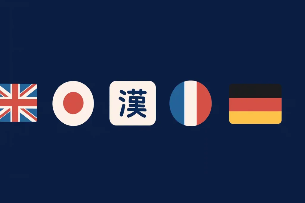 多组语言符号的扁平插画，包含英语、中文、日语、韩语等典型语言图标，以现代蓝色配色呈现，象征不同语言之间的转换关系。