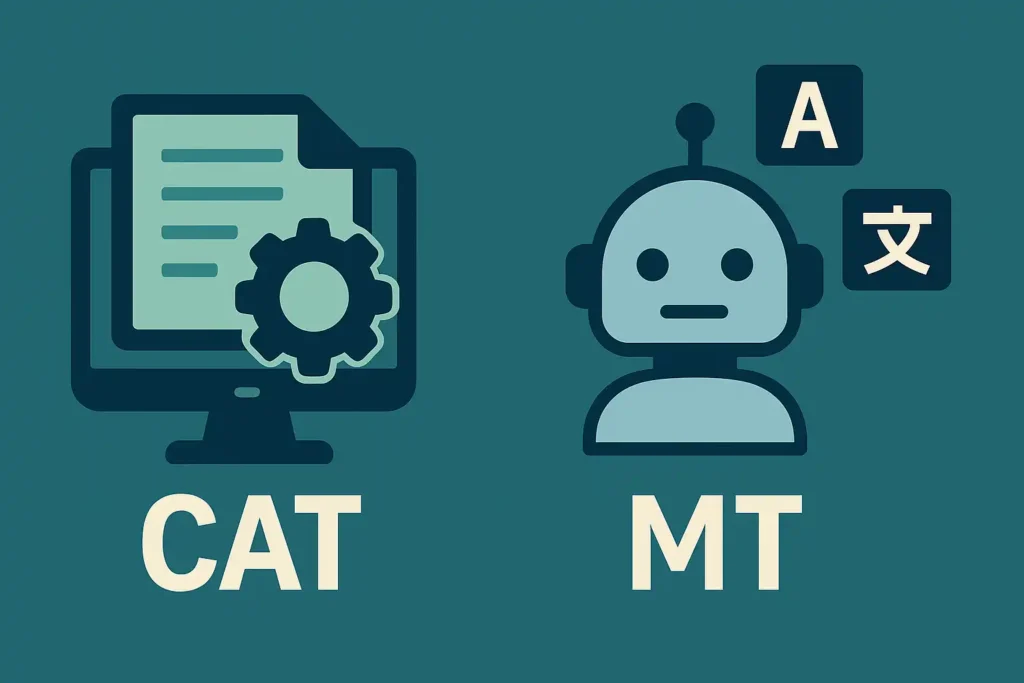 对比计算机辅助翻译（CAT）与机器翻译（MT）的象征性扁平风格插画：左侧是包含翻译记忆库与术语库图标的 CAT 工具界面，右侧是带有闪电符号的自动化机器翻译图标，中间以对比箭头区分两种翻译方式。
