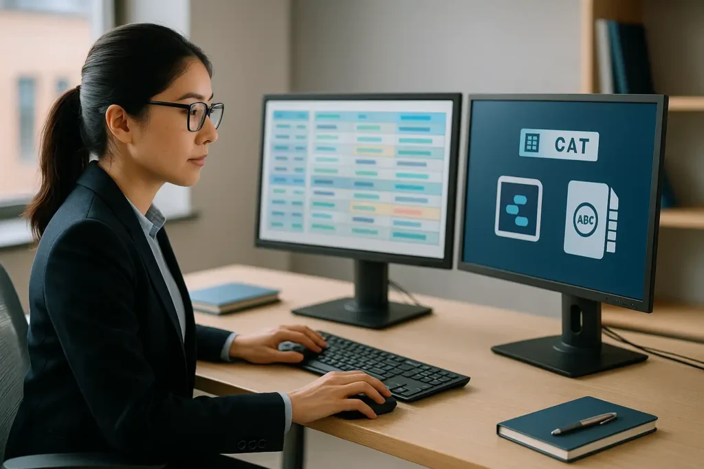 一位专业女译员在办公桌前使用电脑认真工作，场景象征专业翻译公司运用 CAT 工具 提升翻译质量与效率。