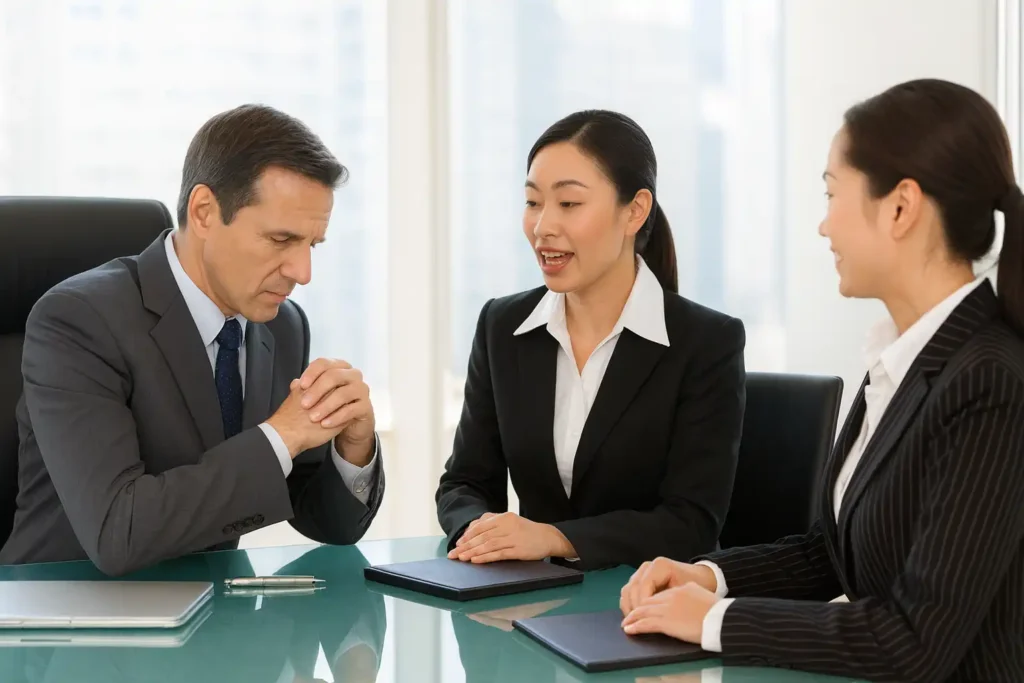 一位东亚女性译员在商务会议中向客户解释内容，画面象征“会外语≠能做翻译”，强调翻译需要专业能力而非仅靠语言水平。