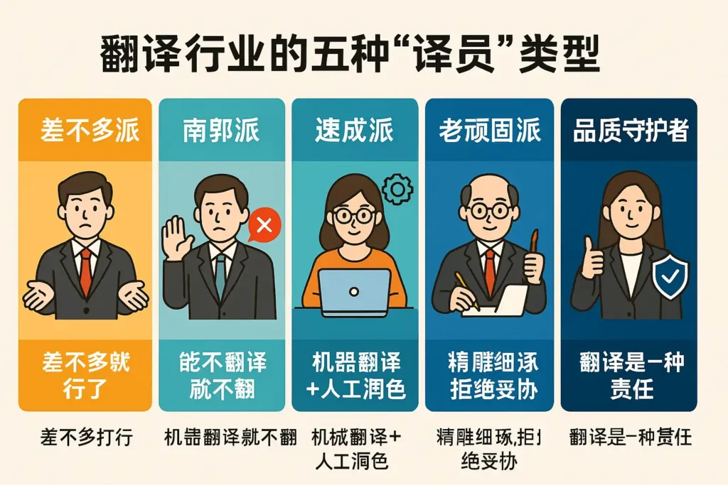 一张信息图，用中文展示五种常见译员类型，包括差不多派、南郭派、速成派、老顽固派和品质守护者，帮助读者理解哪些人真正能翻译、哪些人不能胜任。