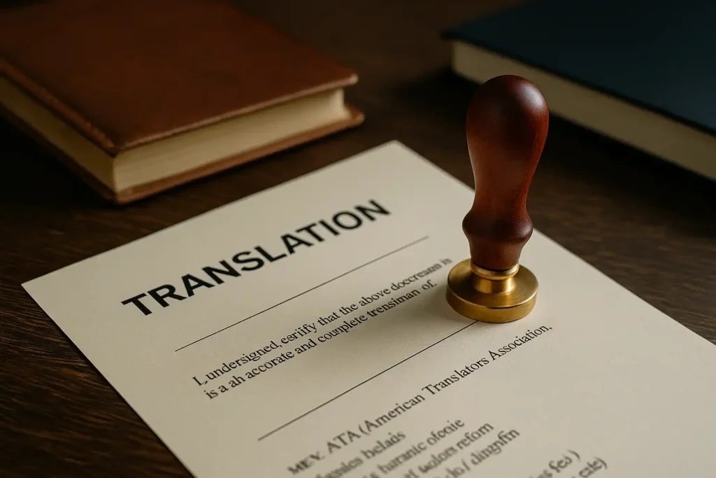 法律办公室桌面上摆放公章、文件和认证材料的场景，用于表现认证翻译和公证翻译所需的正式文件处理流程。
