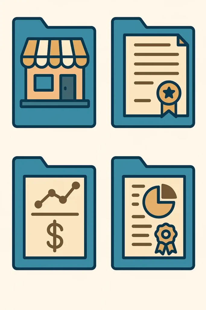 四个图标分别代表营业执照、公司章程、财务报表和股权文件，呈现在一幅平面风格插画中，用于说明认证翻译常见的官方文件类型。