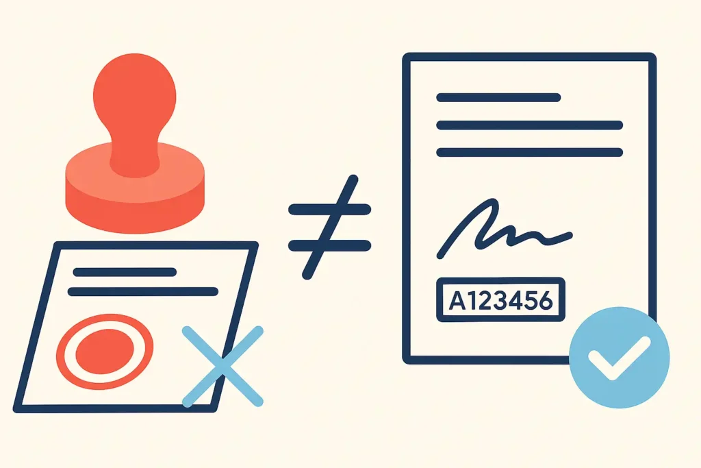 扁平风信息图展示文件翻译与公证翻译的区别：左侧是公证处盖章的模板化文件，象征“翻译+公证”的常见误区；右侧是由认证译员签名的专业翻译件，代表被移民局和签证中心认可的认证文件翻译。