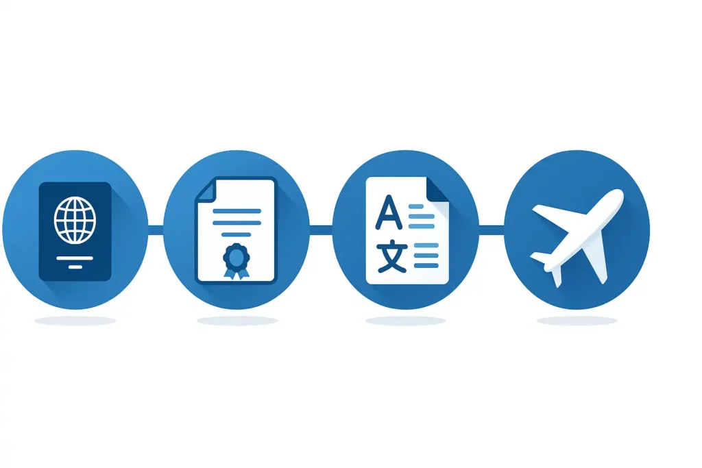 扁平风信息图展示出国签证与移民申请流程，包括护照、学历证明、文档翻译、飞机四个阶段，强调文档翻译在出国申请中起关键作用。