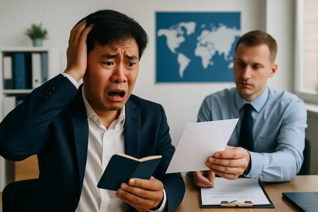 办公室场景中，一位亚洲男子惊讶且失望地看着签证被拒的文件，桌上放有笔记本电脑和资料，体现文件翻译不合规导致签证延误的情境。