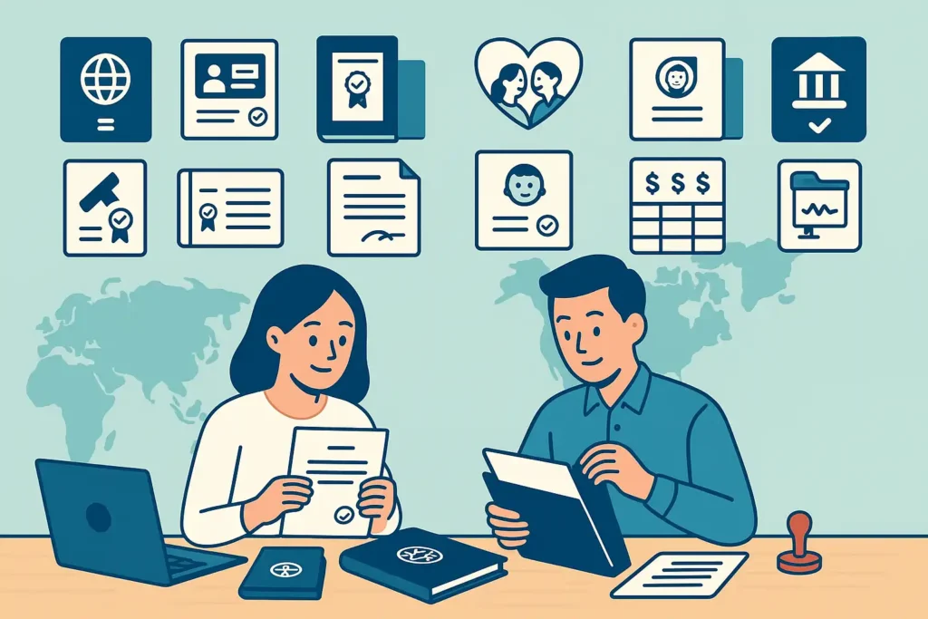 一名亚洲男女在办公室桌前整理护照、成绩单、结婚证、无犯罪证明等出国申请材料，象征文件翻译在签证、移民和留学过程中的重要性。