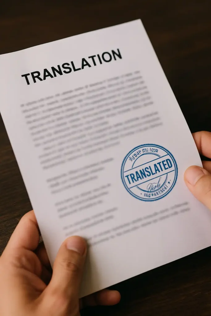 一份放在桌面上的正式文件，上面盖有红色印章，纸张上隐约可见“TRANSLATION”字样，象征“翻译盖章”场景，表现出文件需要官方认证翻译的概念。