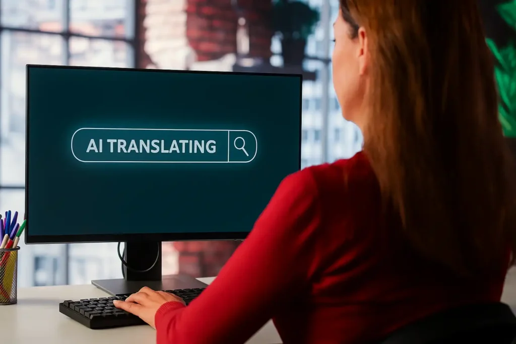 一名亚洲女性坐在办公桌前，专注地注视显示器，上面显示着AI翻译界面，屏幕上可见中英文对照文本与翻译进度图标，场景体现AI翻译在文档处理和语言转换中的应用。