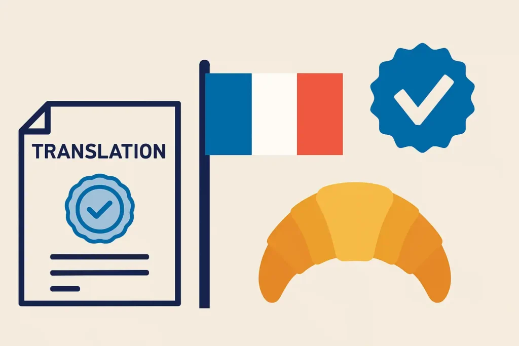 法国认证翻译视觉概念插图：包含法国国旗、可颂、翻译文件和认证印章图标，象征法国法院注册译者制度与认证翻译流程。
