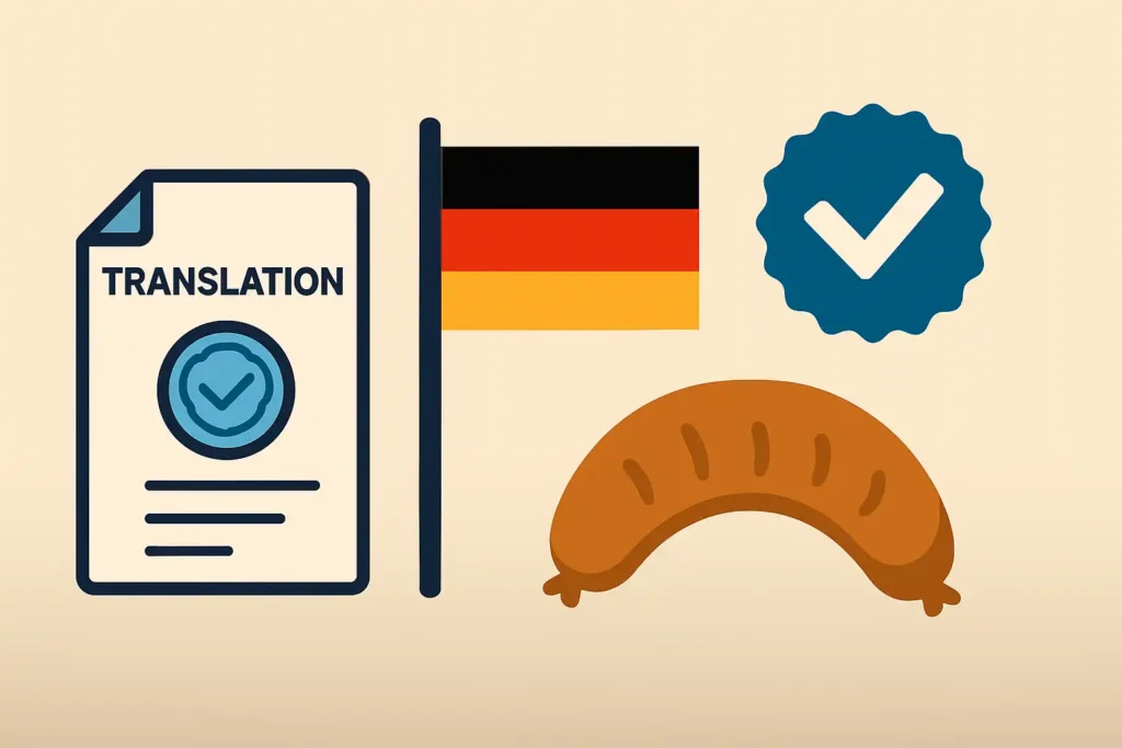 德国认证翻译插图：展示德国国旗、法院图标、认证印章及德式香肠元素，象征德国宣誓译者（beeidigter Übersetzer）制度及严格的认证翻译标准。