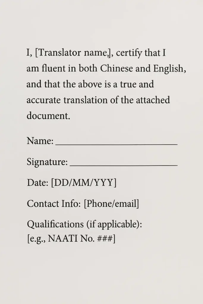 一份翻译声明样本文件平铺在桌面上，纸张上清晰列出“Name（姓名）、Signature（签名）、Date（日期）、Contact Info（联系方式）、Qualifications（资质）”等信息，模拟正式的认证翻译声明文档，用于展示 certified translation 的标准格式与法律要求。