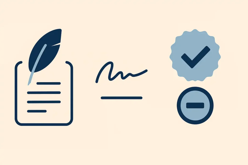 平面风格的信息图,展示认证翻译(翻译认证)的三大要素:左侧是羽毛笔代表翻译声明,中间是签名线条代表签名,右侧是蓝色印章图标代表译者资质和认证编号,整体色调柔和简洁,象征文件正式与专业。