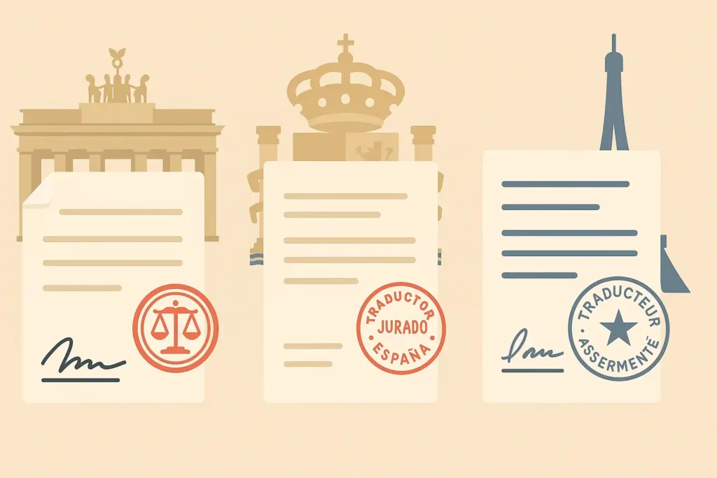平面风格插画展示德国、西班牙、法国三国的认证翻译文件,背景依次为勃兰登堡门、西班牙王冠徽章和埃菲尔铁塔。每份文件上都有签名与印章,分别标注“beeidigter Übersetzer”“traductor jurado”“traducteur assermenté”,象征三国不同的翻译认证制度。
