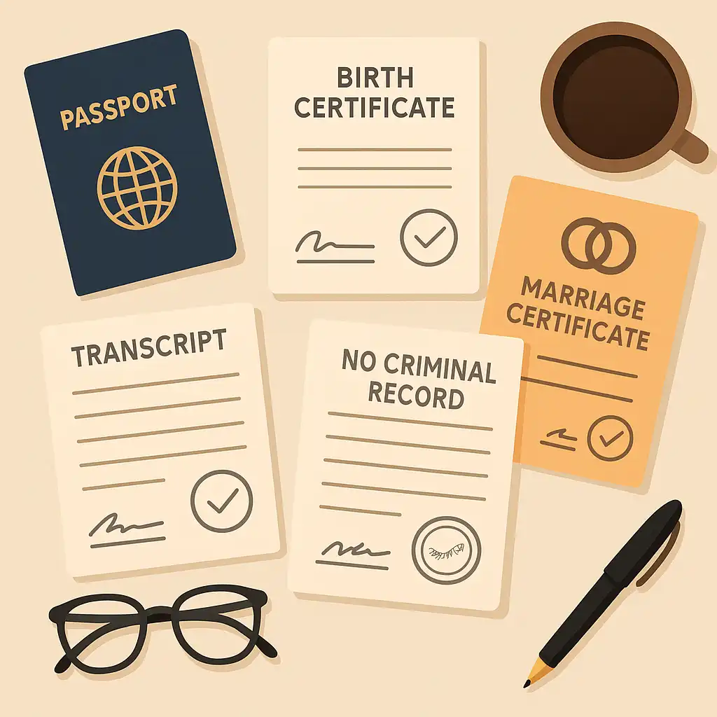 平面风格插画展示出国申请常见的认证翻译文件,包括护照、出生证明、成绩单、无犯罪记录证明和结婚证,文件上有签名和印章,桌面上放着眼镜、钢笔和咖啡杯,整体色调柔和,象征正式与专业。