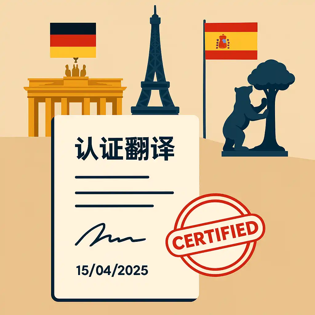 一张平面风格插画,前景是一份带有签名和“CERTIFIED”红色印章的文件,背景是德国勃兰登堡门、法国埃菲尔铁塔和西班牙马德里熊抱树雕像,象征出国留学和移民所需的认证翻译(翻译认证)文件。