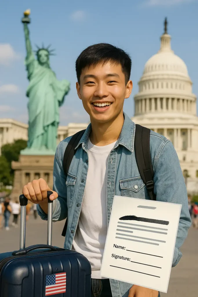 照片展示一名开心的中国学生推着行李箱抵达美国，背景有自由女神像和国会大厦，象征开启留学与移民的新旅程。