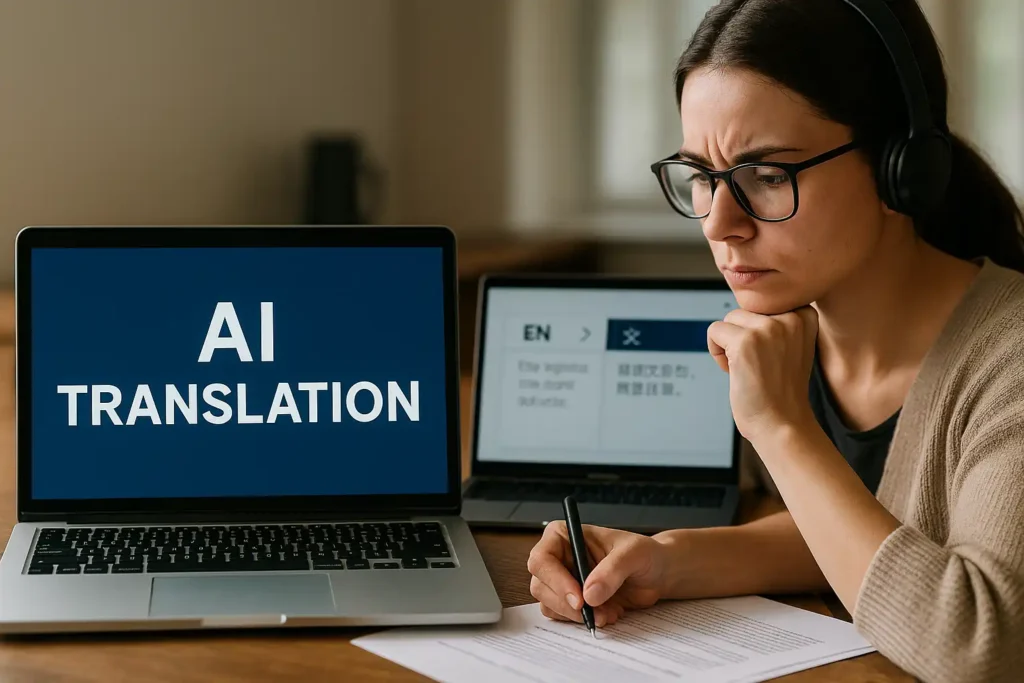 分屏画面展示人工智能翻译与人工译员的对比：左侧为电脑显示“AI Translation”界面，右侧为译员专注在办公桌前翻译文档，象征AI翻译崛起与人工翻译共存的趋势。