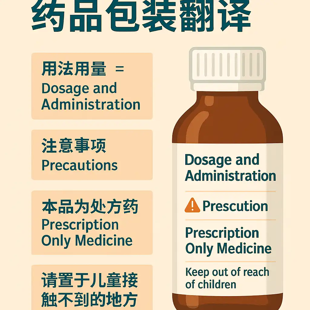 一幅平面插画展示一个棕色药品液体瓶及其英文标签翻译示例，左侧配有常见术语如“Dosage and Administration、Precautions”等中英对照，用于说明药品包装翻译中固定术语模板化复用的方法。
