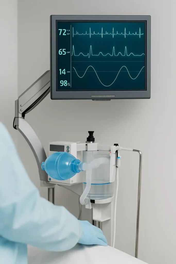 一间空置的医院病房内，医疗监护仪屏幕显示心率与呼吸波形，旁边放置呼吸气囊与器械推车，整体呈现无人物的专业医疗环境，象征医疗器械说明书翻译中常涉及的设备术语、使用场景与合规要求。