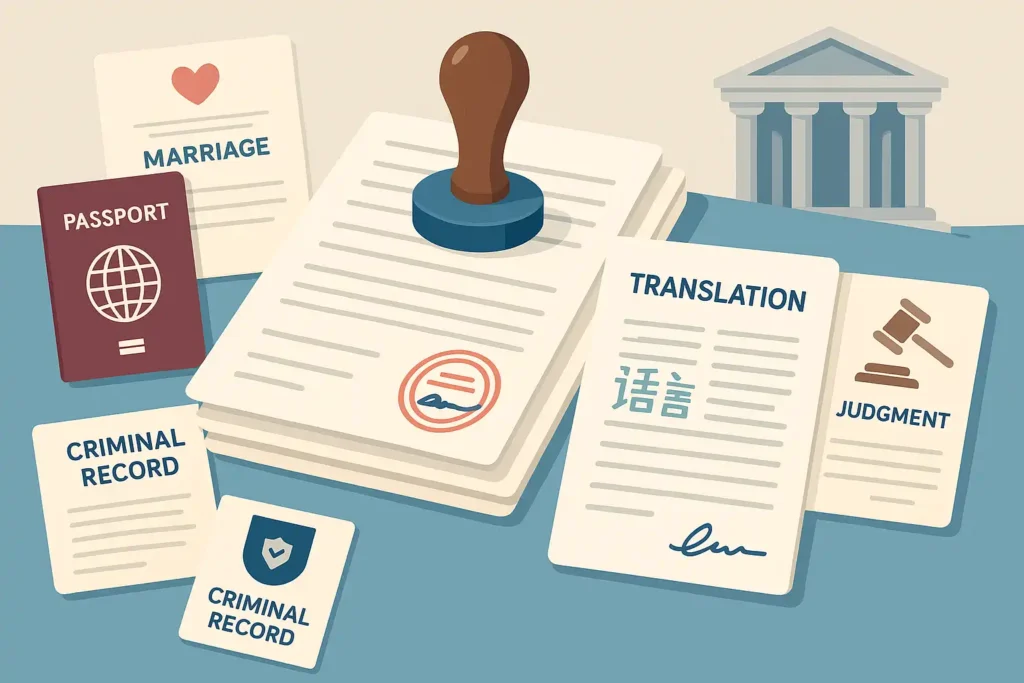 一幅扁平化插画展示移民用途的法律文件翻译场景:桌面上摆着护照、无犯罪记录、结婚证明、法院判决书等文件,旁边有带印章的翻译件,中英文对照排版清晰,突出法律文件翻译的官方与合规用途。