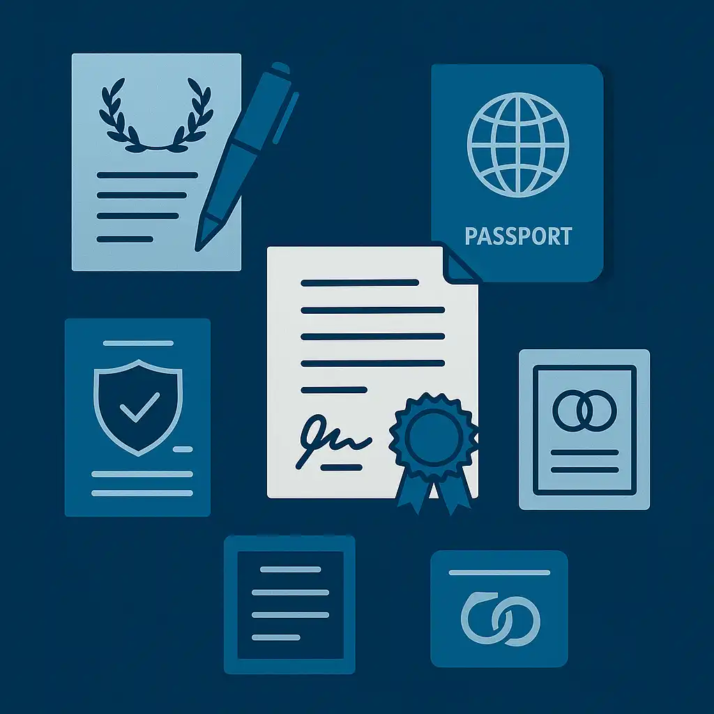 深蓝色背景上的法律文件与地球图标插画,象征跨境公司设立与股东协议中的法律翻译需求,强调法律文本在国际业务中的重要性。