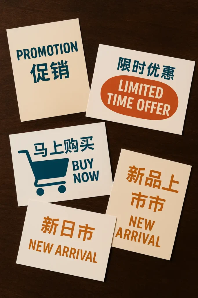 展示四张以“新品上市、限时优惠、马上购买”等促销语为主题的彩色中文海报，呈现品牌常用语料模板的视觉效果，用于说明商业宣传资料翻译如何通过固定句型库快速复用内容、降低成本。
