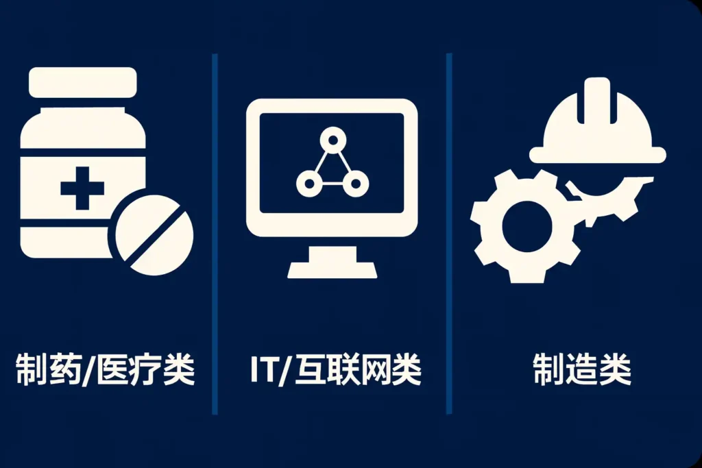 培训资料翻译示意图：医疗行业、IT互联网行业和制造业的图标并列展示，代表不同领域培训内容的专业差异。
