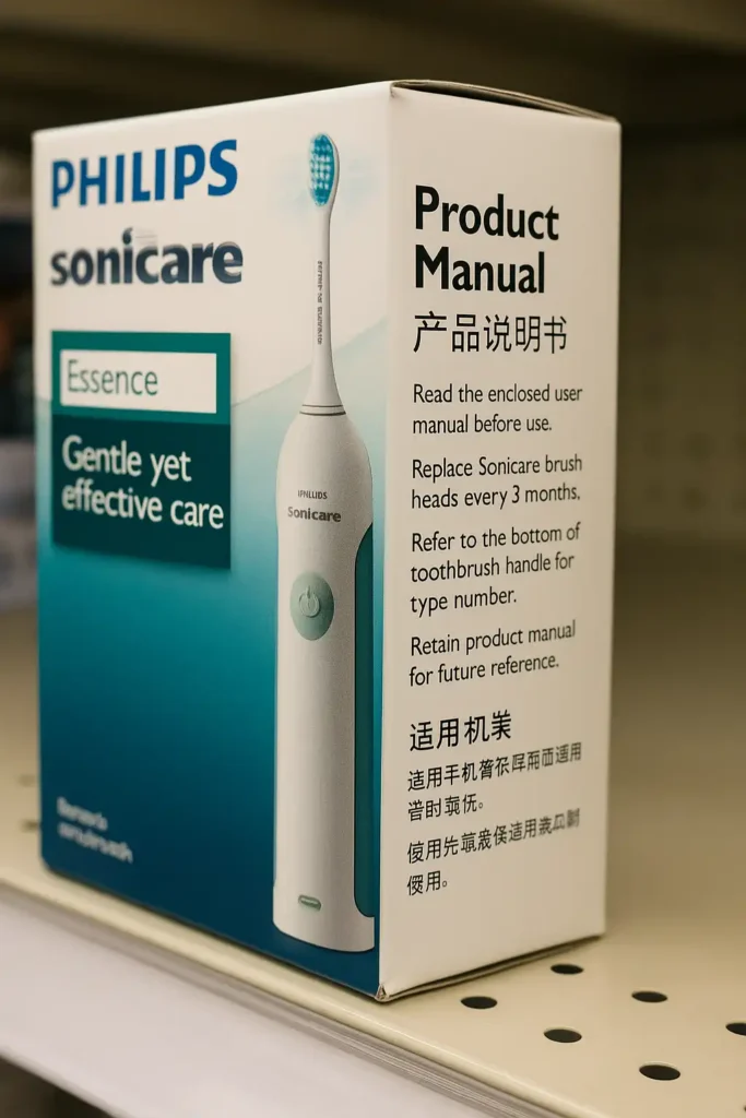 展示一款电子产品包装盒的逼真照片，盒侧印有细小的中文说明文字，用于展示产品手册的翻译在实际商品包装中的应用场景。