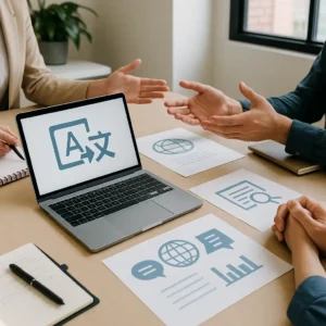 专业医疗翻译团队协作桌面场景，无人物画面，包含笔记本电脑、文件、图标、便签和办公文具，象征团队讨论医疗合规文件与多语项目，呈现无文字商务协作氛围。