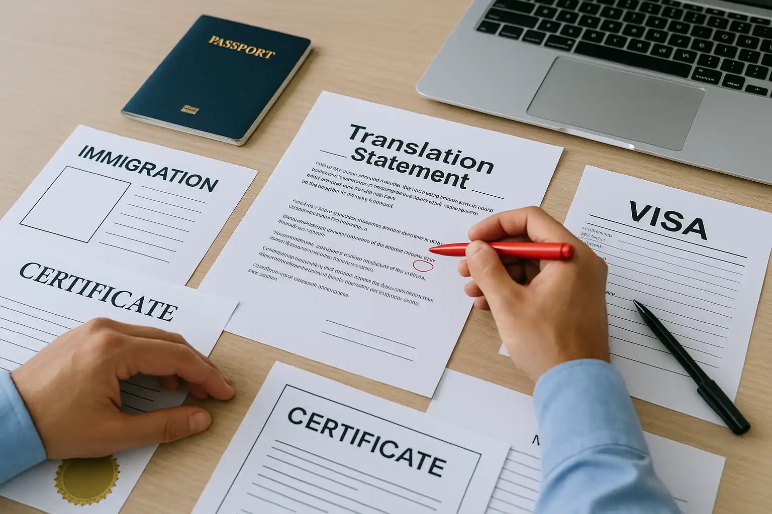 办公桌上摆放着护照、签证文件、证书和笔记本电脑，翻译员用红笔核对移民文件翻译声明文件中的细节，象征专业的移民文件翻译审查流程。