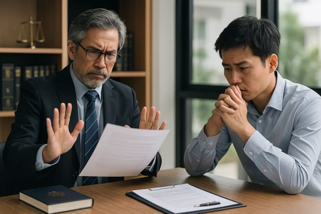 律师在办公室中皱眉查看文件，双手示意无法接受译文，客户坐在一旁神情紧张，象征判决书翻译不合格被退回的场景。