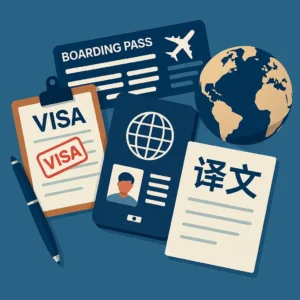 蓝色插画背景上展示签证、登机牌、地球与译文文件，象征移民翻译与文件翻译在澳洲、德国、西班牙、法国等国家签证与法律事务中的关键作用。