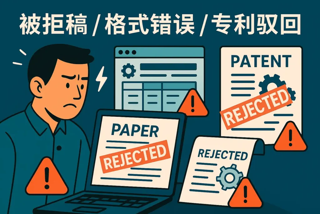 论文翻译风险示意图，展示学术论文被拒稿、格式错误和专利驳回等常见问题，凸显专业论文翻译的重要性。