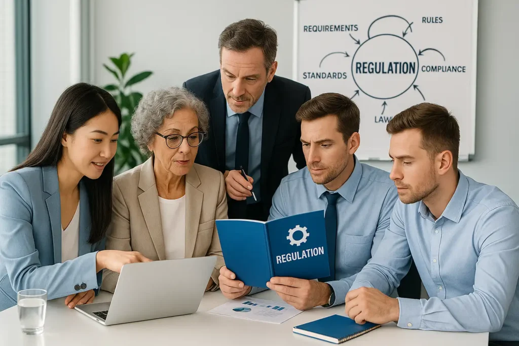 A professional translation team working together in an office, with translation interface and terminology database on screen, representing multilingual specialization and terminology management across legal, medical, and IT fields.
