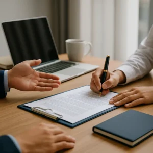 专业翻译团队协作场景，无文字画面，两位成员通过文件与电脑展示合作信任，体现翻译团队在项目交付中建立稳定、可靠的合作关系，让客户放心托付内容。