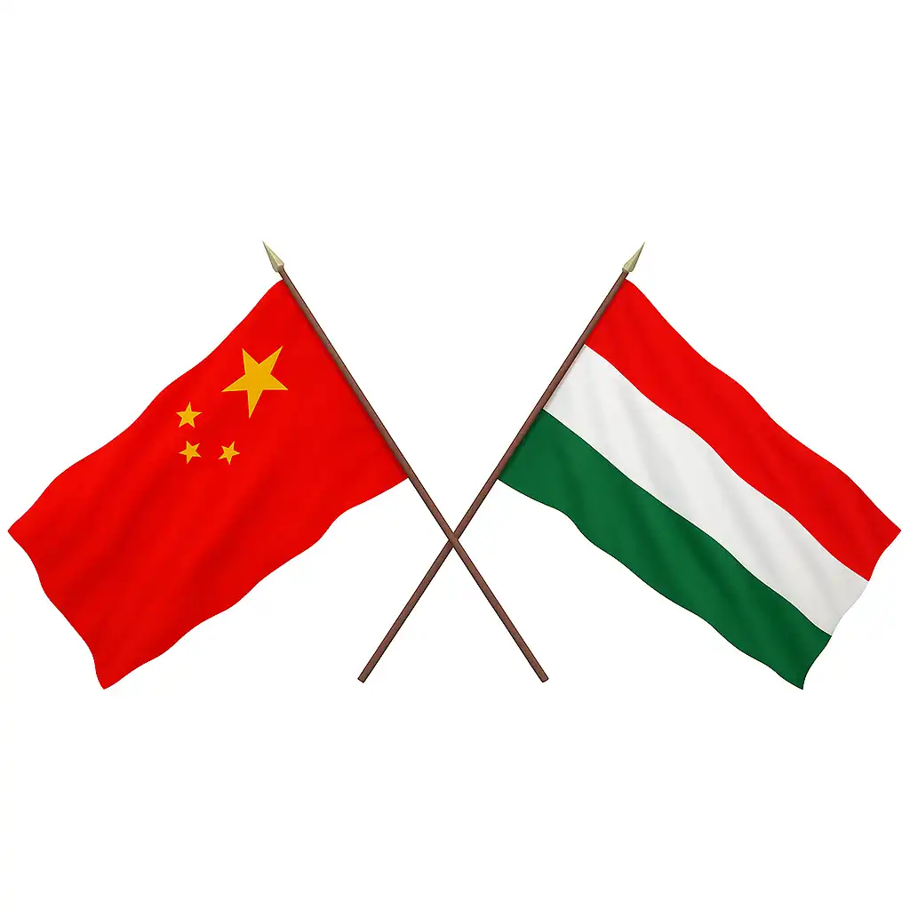 中国与匈牙利两国国旗交叉展示，象征跨国沟通与翻译合作。